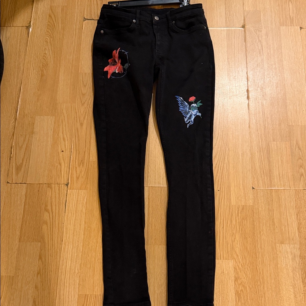 Ksubi Black Jeans with Red Floral and Angel Design